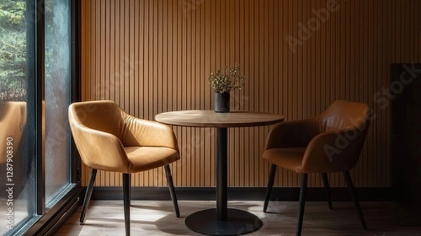Fototapeta Small private meeting room with a compact table, comfortable chairs, and a clean, modern aesthetic.