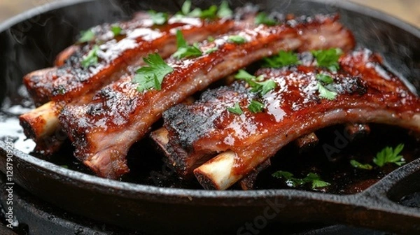 Fototapeta BBQ pork ribs with smoky, crispy edges, resting on a hot cast-iron skillet, garnished with fresh parsley.
