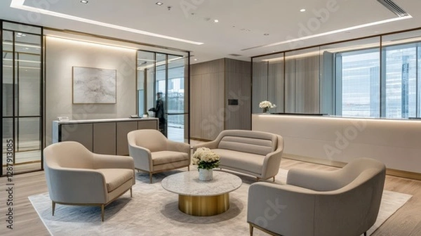 Fototapeta Modern Elegant Office Lobby with Comfortable Seating and Decor