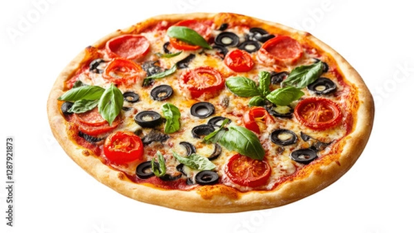 Fototapeta Deliciously prepared pizza topped with fresh tomatoes, olives, and basil on a wooden surface ready to be served
