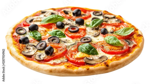 Obraz Delicious pizza topped with fresh vegetables and herbs ready to be served at a casual dining location