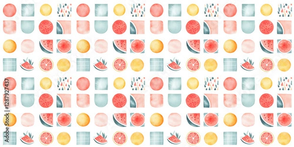 Fototapeta Colorful seamless pattern featuring fruits and geometric shapes on a light background. Generative AI