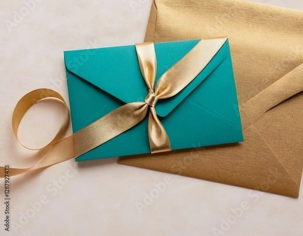 Fototapeta Elegant turquoise envelope tied with a gold ribbon, resting on a golden envelope, evoking celebration.