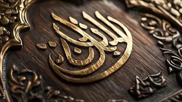 Fototapeta Golden Eid calligraphy on decorative wooden plaque showcasing intricate craftsmanship. Generative AI