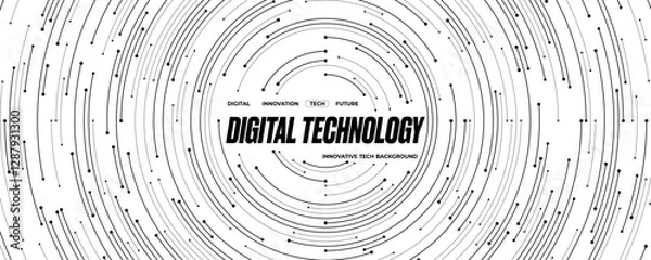 Fototapeta Technology circle circuit background. Abstract big data and AI concept. Black lines with dots on tech bg. Network pattern. Digital computer innovation banner on white backdrop. Vector illustration