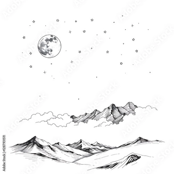 Obraz Hand-Drawn Sketch Portraying Moons, a Starry Sky, Rolling Clouds, and Distant Mountains with Dreamy Atmosphere