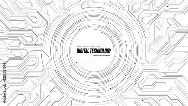 Obraz Abstract black circle line wires on a white circuit board. AI chip concept. Technology background. Computer electronics circuit texture or pattern. Futuristic tech bg. Digital vector illustration