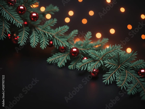 Fototapeta Christmas tree branch decorated with red baubles and warm bokeh lights