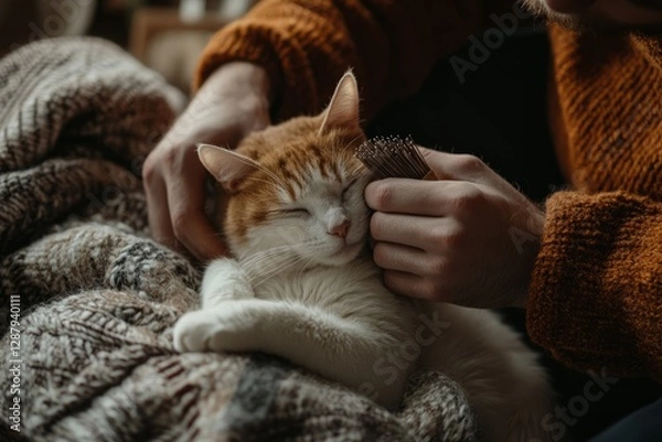 Obraz A man brushes his cat with a soft grooming brush, The cat purrs while sitting on a cozy blanket, Generative AI