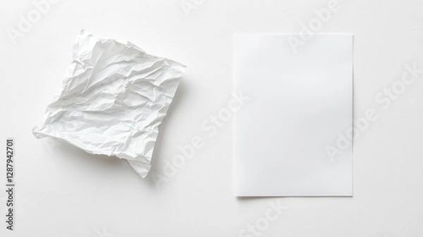 Fototapeta Contrast between crumpled and smooth white paper on a plain background.