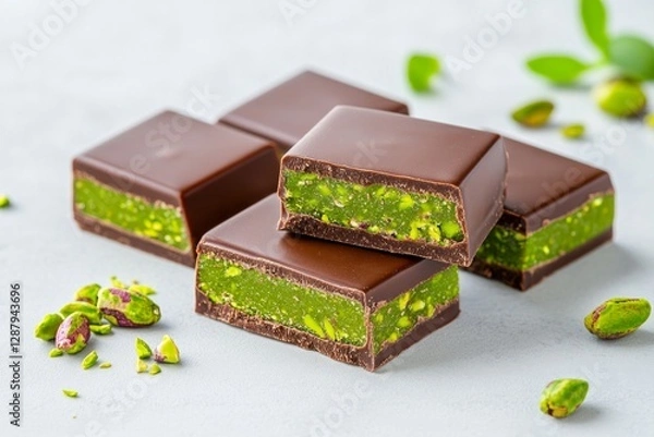 Fototapeta Slices of Dubai chocolate with pistachio paste and kataifi inside lie on a light gray table, next to chopped pistachios. Concept Sweet food, food photography, for bakeries and cafes, popular desserts