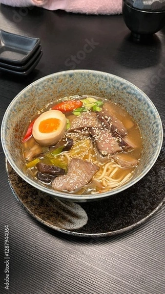 Fototapeta Bowl of beef ramen with egg, beef slices, chili peppers, and sesame seeds. Served in a rustic ceramic bowl. Perfect for illustrating Japanese food, comfort food, and the art of noodle dishes