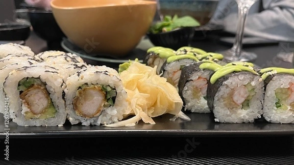 Obraz Close-up shot of a platter featuring two types of sushi rolls. The platter rests on a dark rectangular plate. Japanese cuisine, seafood, and healthy eating concept.