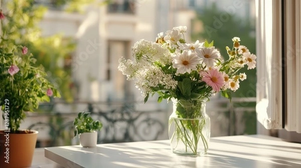 Fototapeta Bright and Colorful Floral Arrangement in Sunlit Indoor Setting
