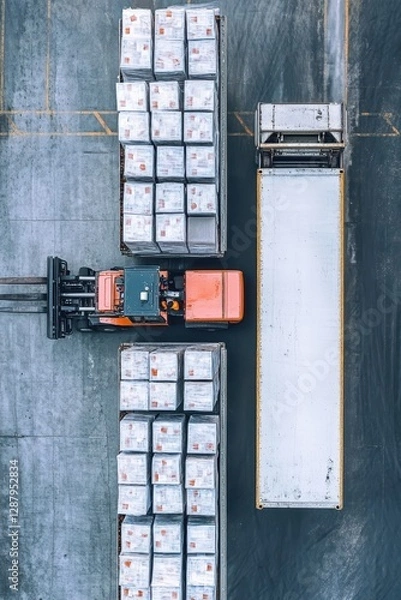 Fototapeta High Angle View of a Forklift Loading Goods in a Warehouse Environment