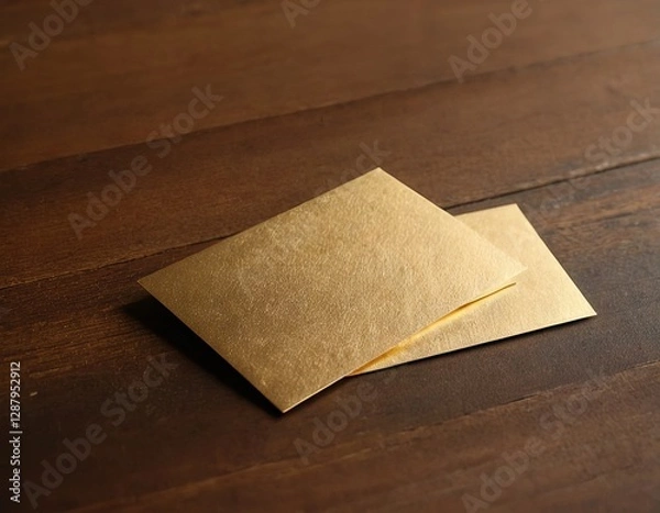 Fototapeta Two elegant gold envelopes resting on a wooden surface.