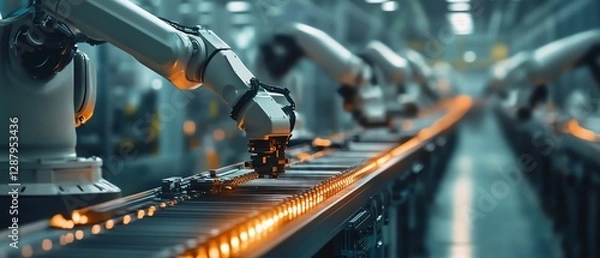 Fototapeta AI-driven industrial robotics increase efficiency in factories.