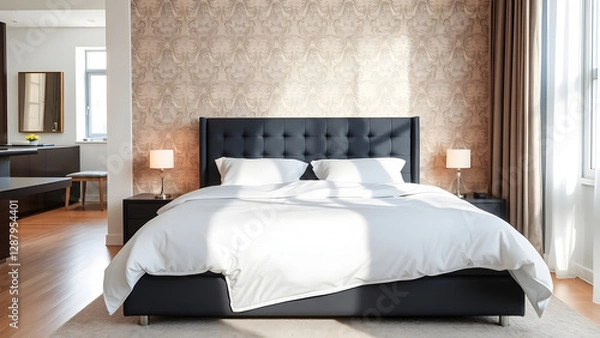 Fototapeta A large bed with a white sheet and a black headboard
