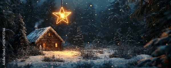 Obraz artistic depiction of a glowing star ornament hanging above a snow-covered cabin in a forest clearing, Generative AI