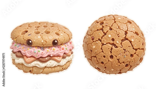 Obraz Cute Cartoon Cookies, Ice Cream Sandwich - Whimsical/Cute Food Illu.