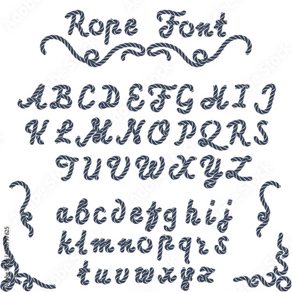 Fototapeta Rope font, nautical hand written Letters