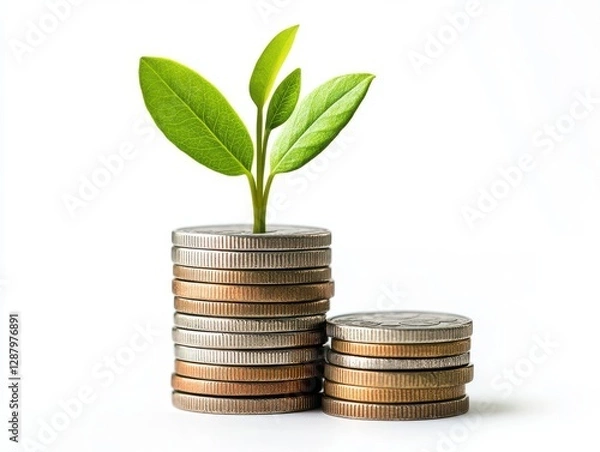 Fototapeta A stack of coins with a flourishing plant growing from the top representing financial prosperity
