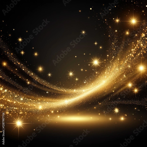 Obraz Golden sparkly burst, radiant stardust explosion, shimmering spray effect, festive holiday glitter particles scattered against a dark backdrop.