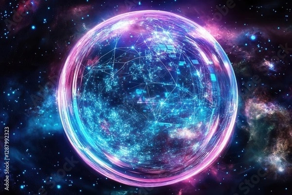 Fototapeta futuristic globe visualization, interconnected data streams, holographic interface, deep space background, technological innovation