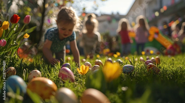 Obraz Children enjoying Easter egg hunt in sunny garden