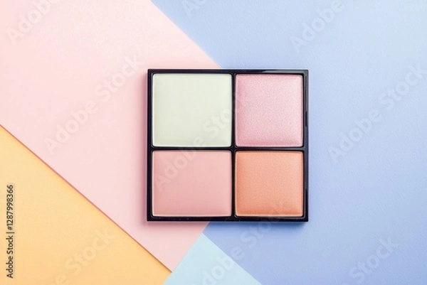 Fototapeta A top view of a colored background features an assortment of makeup products and professional makeup tools, comprising a set of various products for makeup