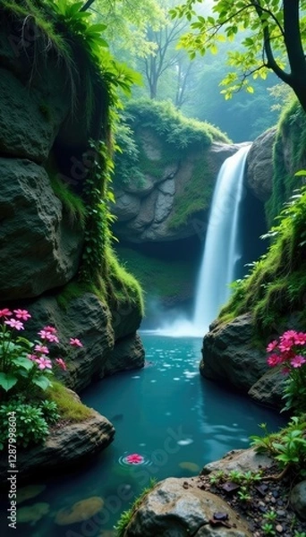 Fototapeta Vines and flowers cascade down a rocky slope surrounding a blue spring, aquatic plants, water feature, misty atmosphere