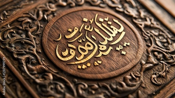Fototapeta Golden calligraphy on intricate wooden plaque celebrates Eid with elegance in a close-up view. Generative AI