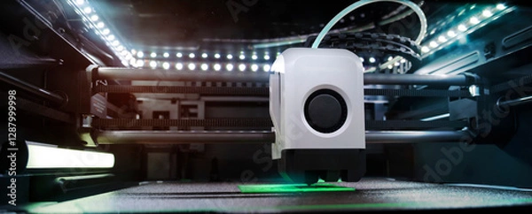 Fototapeta A High-Tech 3D Printer Is Operating in a Dimly Lit Workspace, Producing an Intricate Design With Precision. Bright Lights Illuminate the Printer’s Components, Showcasing Its Advanced Technology.