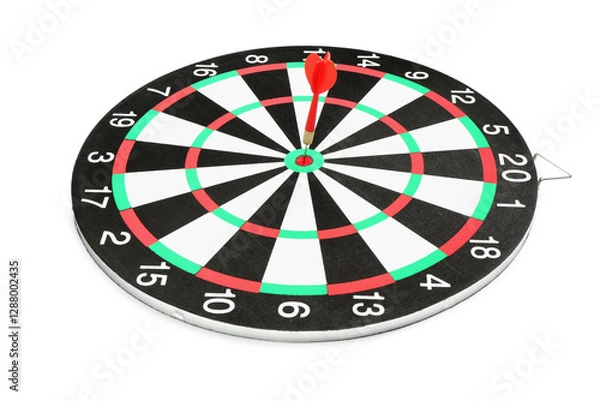 Obraz Dart board with red arrow hitting target isolated on white