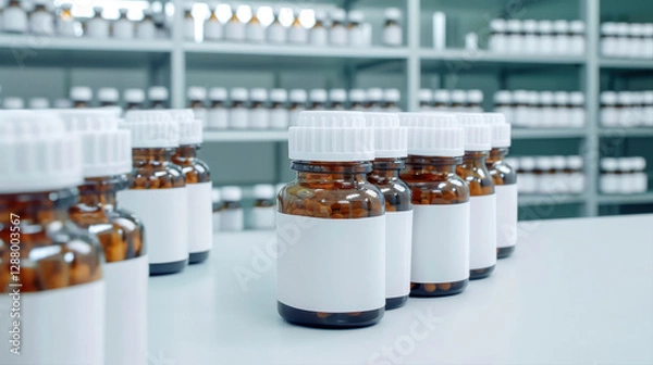 Fototapeta A close-up view of labeled brown glass bottles on a pharmacy shelf, showcasing a variety of pharmaceutical products in a clean and organized setting.