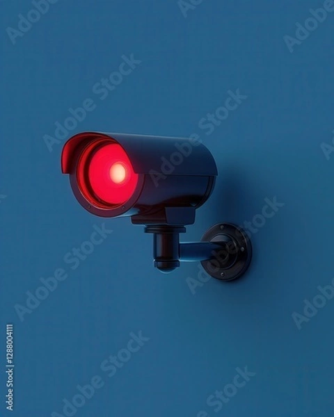 Fototapeta A sleek black surveillance camera with a glowing red light mounted on a blue wall, symbolizing security and vigilance.