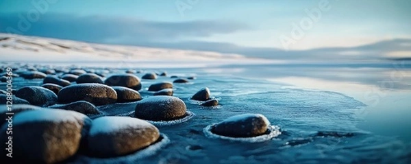 Fototapeta Weathering process concept. Serene view of pebbles on a calm beach with gentle waves and clear sky.