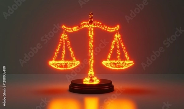Fototapeta Glowing scales of justice on dark background, legal concept image