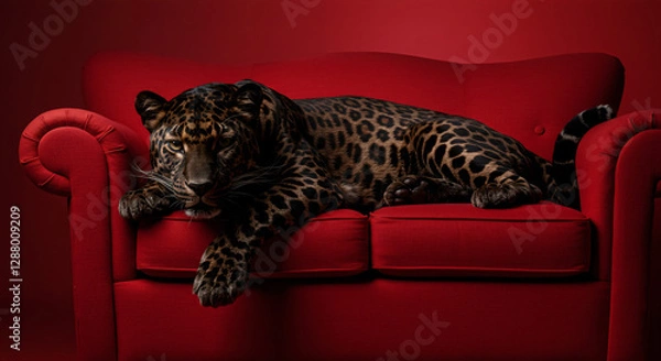 Fototapeta black leopard resting on a red couch
