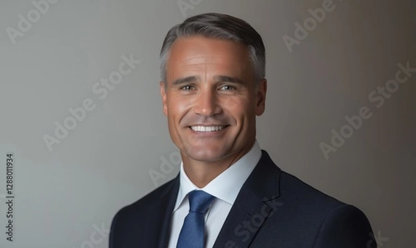 Fototapeta Executive manager dressed in a suit smiles warmly against a neutral background, showcasing confidence and professionalism