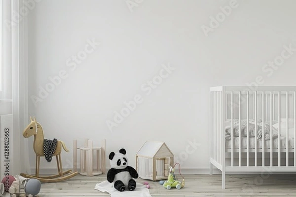Fototapeta A minimalist nursery with a white crib. wooden rocking horse. and a panda plushie