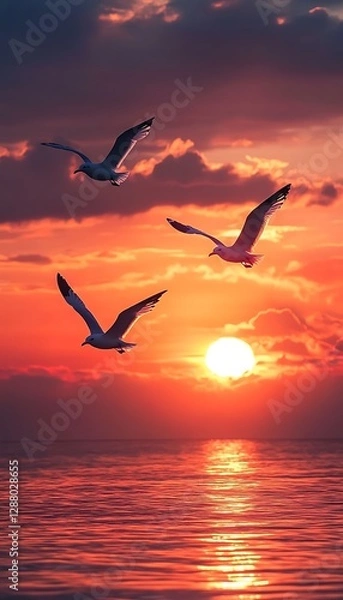 Fototapeta Sunset Seagulls Soaring Dramatic Skies