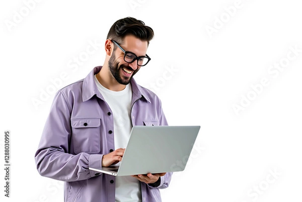 Fototapeta Smiling Man Using Laptop – Transparent PNG Image for Business and Work