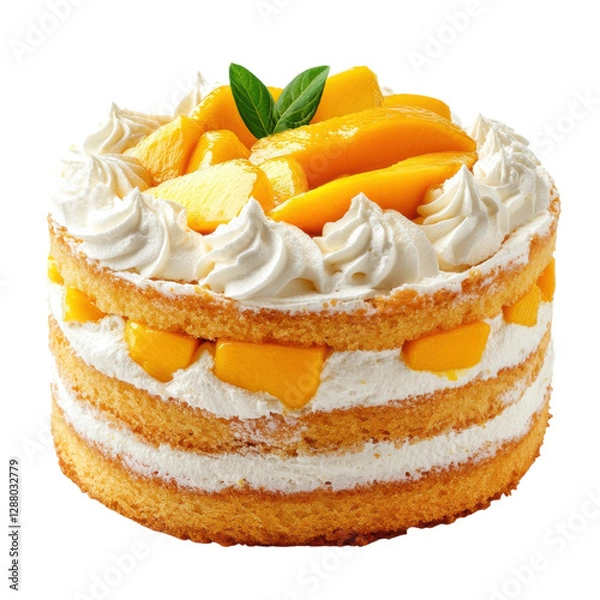 Fototapeta A delectable layered cake featuring whipped cream and fresh mango slices atop a fluffy sponge base.