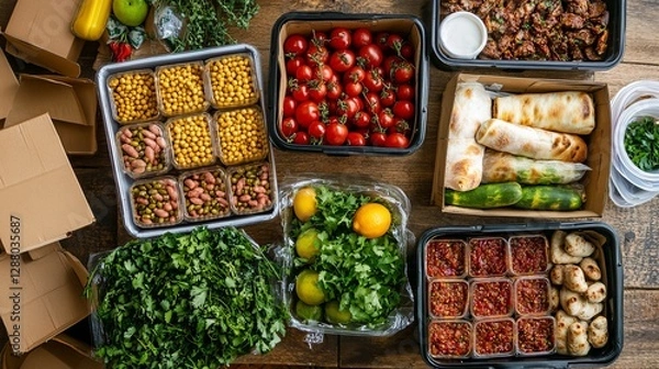 Fototapeta Eid food boxes prepared for delivery to families in need during the festive season. Generative AI