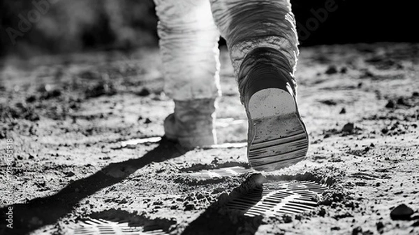 Obraz Astronaut walking on moon, lunar surface, footprints, exploration, space travel, science, background dark
