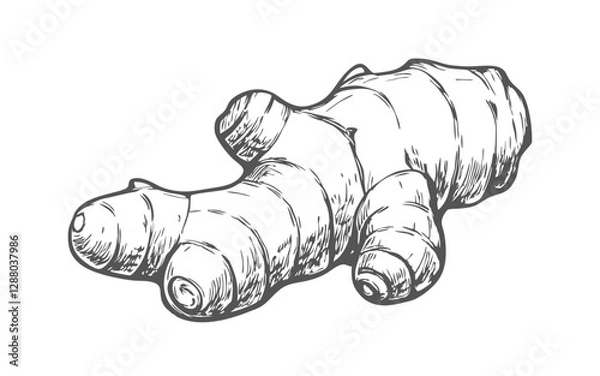 Fototapeta Hand-drawn sketch of turmeric root in a detailed line art style. Perfect for botanical illustrations, wellness products, herbal packaging, labels, and nature-inspired designs.