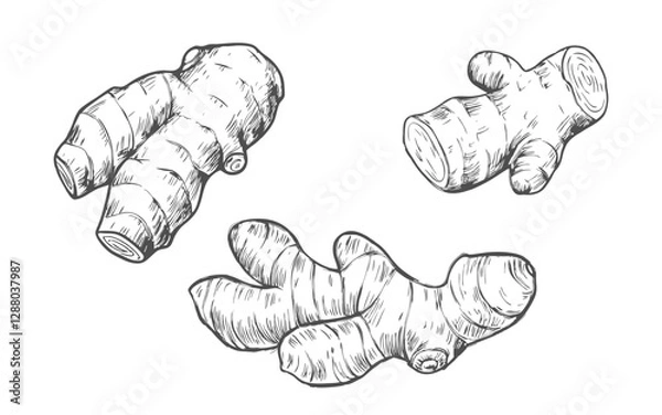 Fototapeta Hand-drawn sketch of turmeric root in a detailed line art style. Perfect for botanical illustrations, wellness products, herbal packaging, labels, and nature-inspired designs.