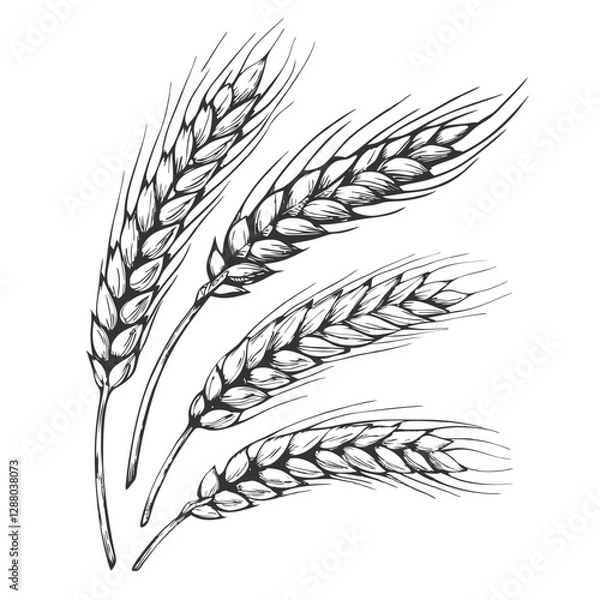 Fototapeta Detailed hand-drawn sketch of a wheat ear in elegant line art style. Perfect for agricultural, food-related designs, packaging, labels, and nature-inspired projects.