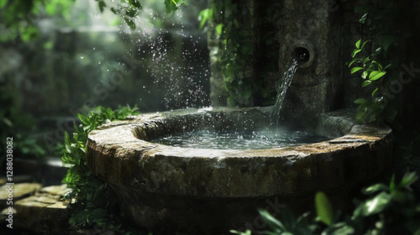 Obraz Serene fountain surrounded by lush greenery.
